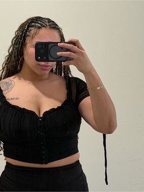 Windsor Black Ruched Button-Front Puff Sleeve Crop Top